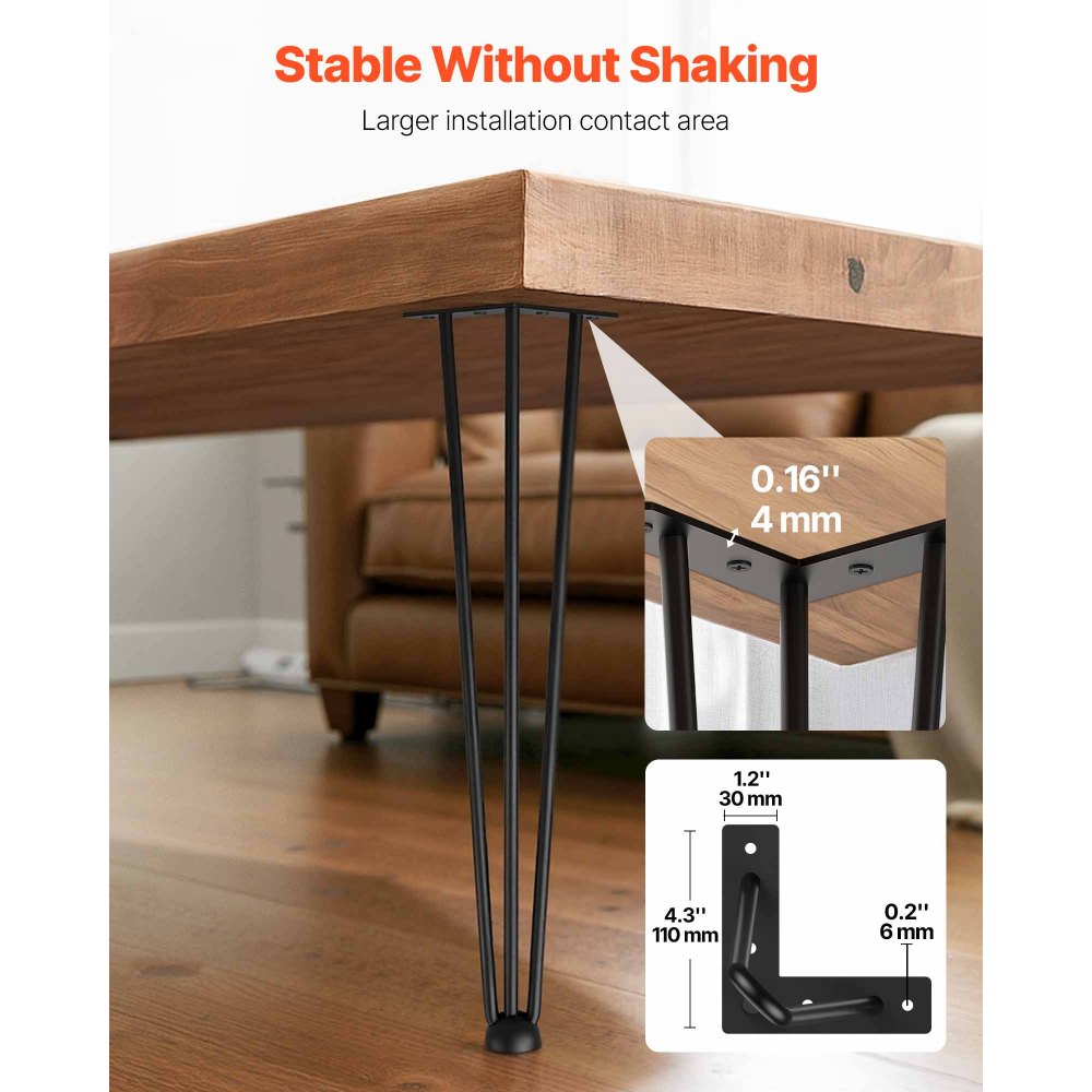 VEVOR Hairpin Table Legs 20\" Black Set of 4 Desk Legs 880lbs Load Capacity (Each 220lbs) Hairpin Desk Legs 3 Rods for Bench Desk Dining End Table Chairs Carbon Steel DIY Heavy Duty Furniture Legs