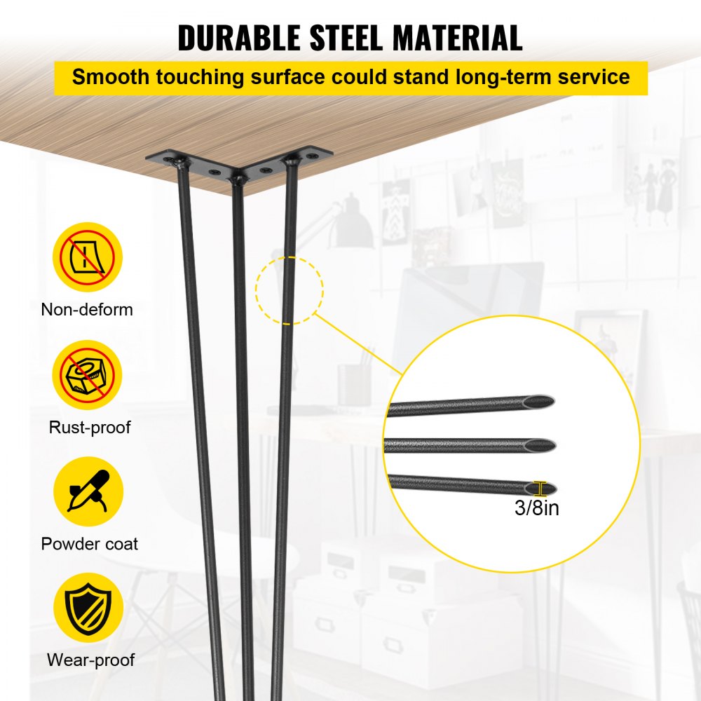 VEVOR Hairpin Table Legs 22\" Black Set of 4 Desk Legs 880lbs Load Capacity (Each 220lbs) Hairpin Desk Legs 3 Rods for Bench Desk Dining End Table Chairs Carbon Steel DIY Heavy Duty Furniture Legs
