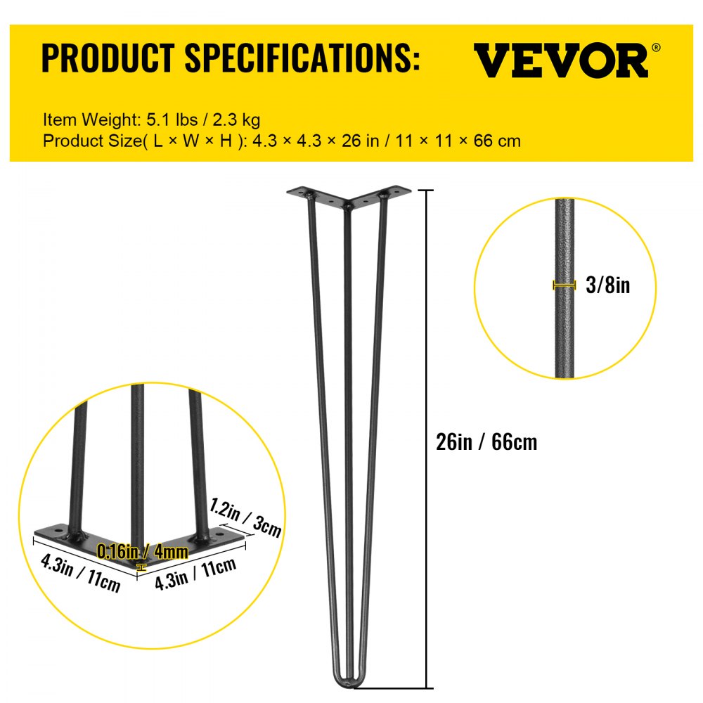 VEVOR Hairpin Table Legs 26\" Black Set of 4 Desk Legs 880lbs Load Capacity (Each 220lbs) Hairpin Desk Legs 3 Rods for Bench Desk Dining End Table Chairs Carbon Steel DIY Heavy Duty Furniture Legs