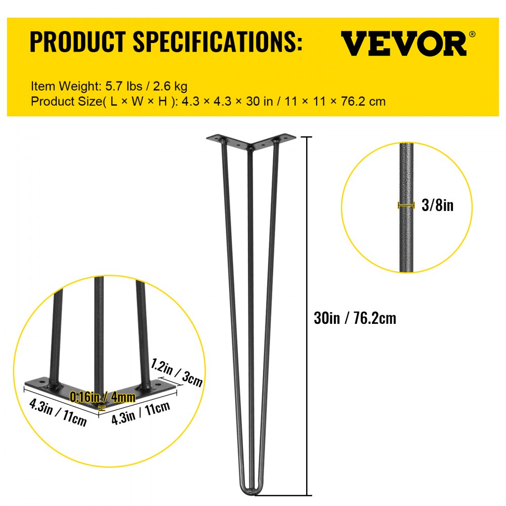 VEVOR Hairpin Table Legs 30\" Black Set of 4 Desk Legs 880lbs Load Capacity (Each 220lbs) Hairpin Desk Legs 3 Rods for Bench Desk Dining End Table Chairs Carbon Steel DIY Heavy Duty Furniture Legs