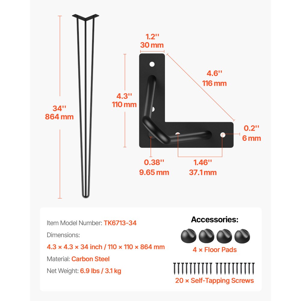 VEVOR Hairpin Table Legs 34\" Black Set of 4 Desk Legs 880lbs Load Capacity (Each 220lbs) Hairpin Desk Legs 3 Rods for Bench Desk Dining End Table Chairs Carbon Steel DIY Heavy Duty Furniture Legs