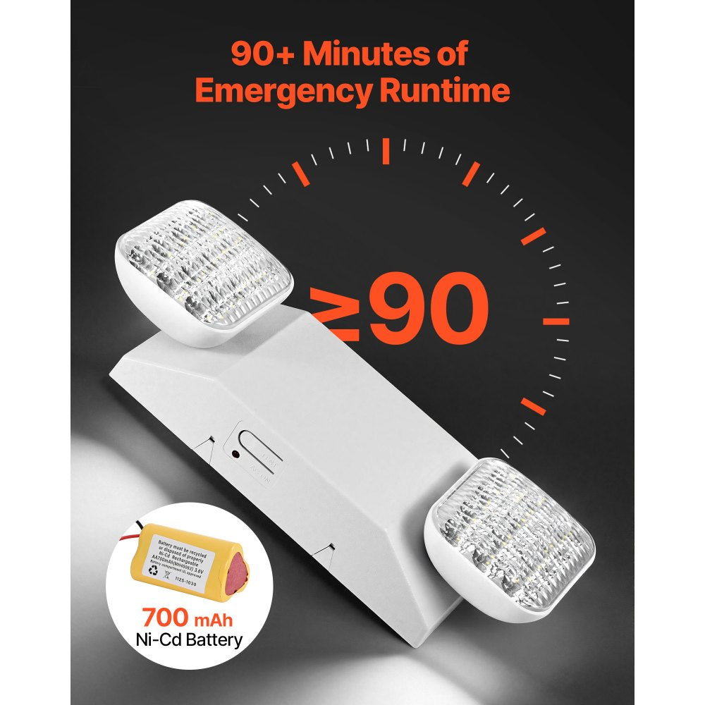 VEVOR 4 Pack Emergency Lights for Business, with Battery Backup, Commercial LED Emergency Exit Lighting Fixtures, AC 120/277V, with Two Square Head Adjustable, 90-Minute Backup, for Business, White