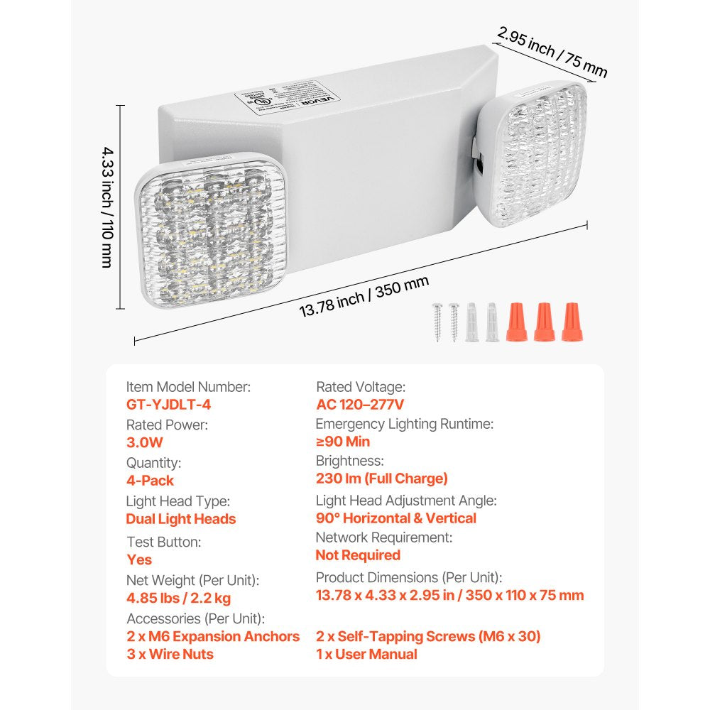 VEVOR 4 Pack Emergency Lights for Business, with Battery Backup, Commercial LED Emergency Exit Lighting Fixtures, AC 120/277V, with Two Square Head Adjustable, 90-Minute Backup, for Business, White