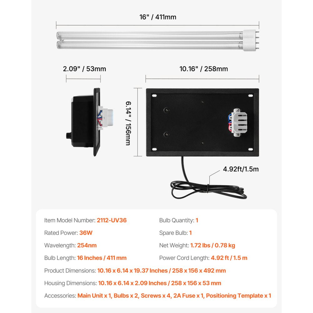 VEVOR HVAC Air Purifier Whole House, 36W 16inch, UV UVC Light in Duct for Ac (Air Conditioning) Duct, Air Scrubber with 1 Replacement Bulb, HVAC UV lights for Ac Systems