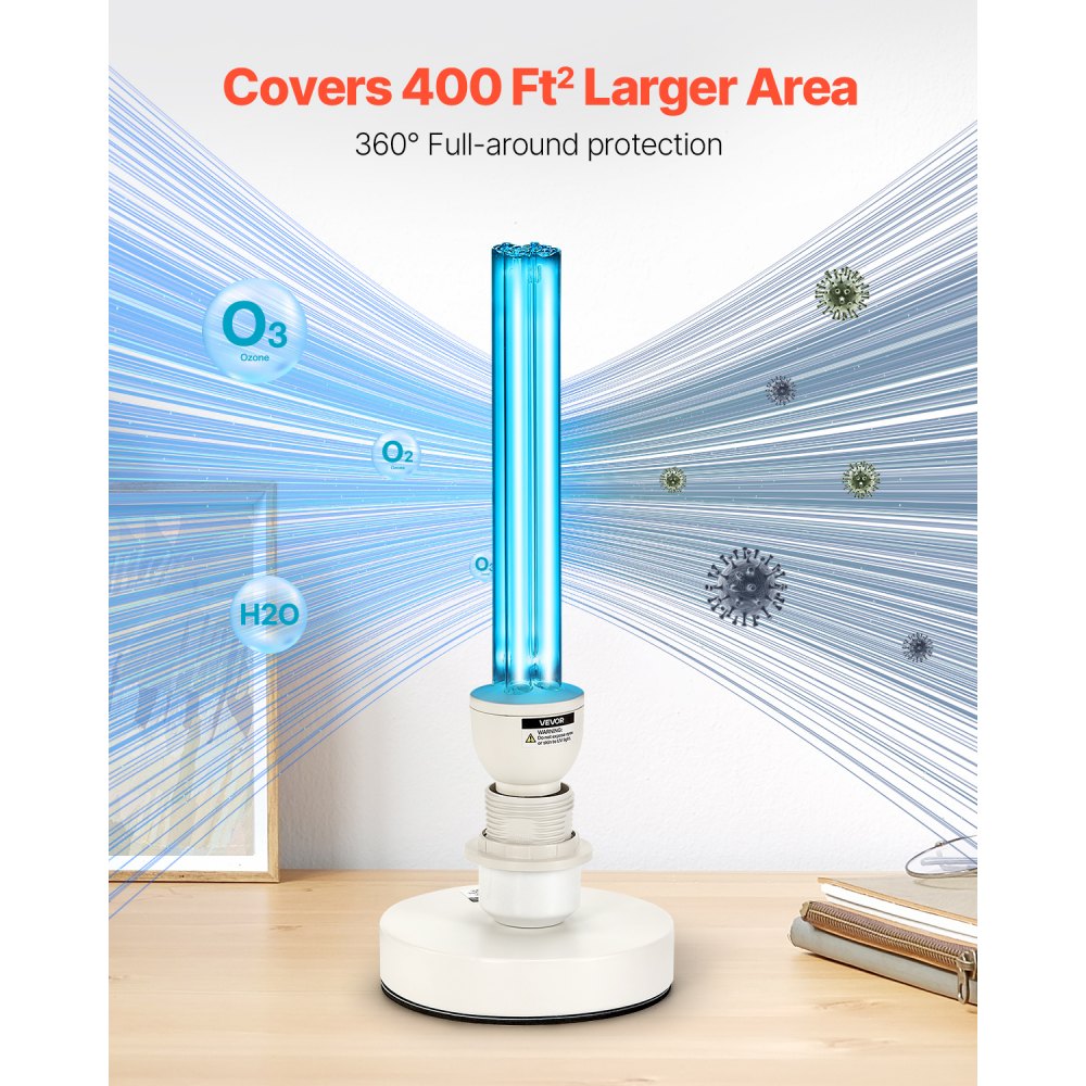 VEVOR UV Light, 25W Ultraviolet Lamp with Ozone Purifier, Portable UVC Lamp with Remote Control, UVO Light Bulb with Base and 30/60/120 Min 3-Gear Timer, for 400 sqft Living Room, Bedroom, Hotel