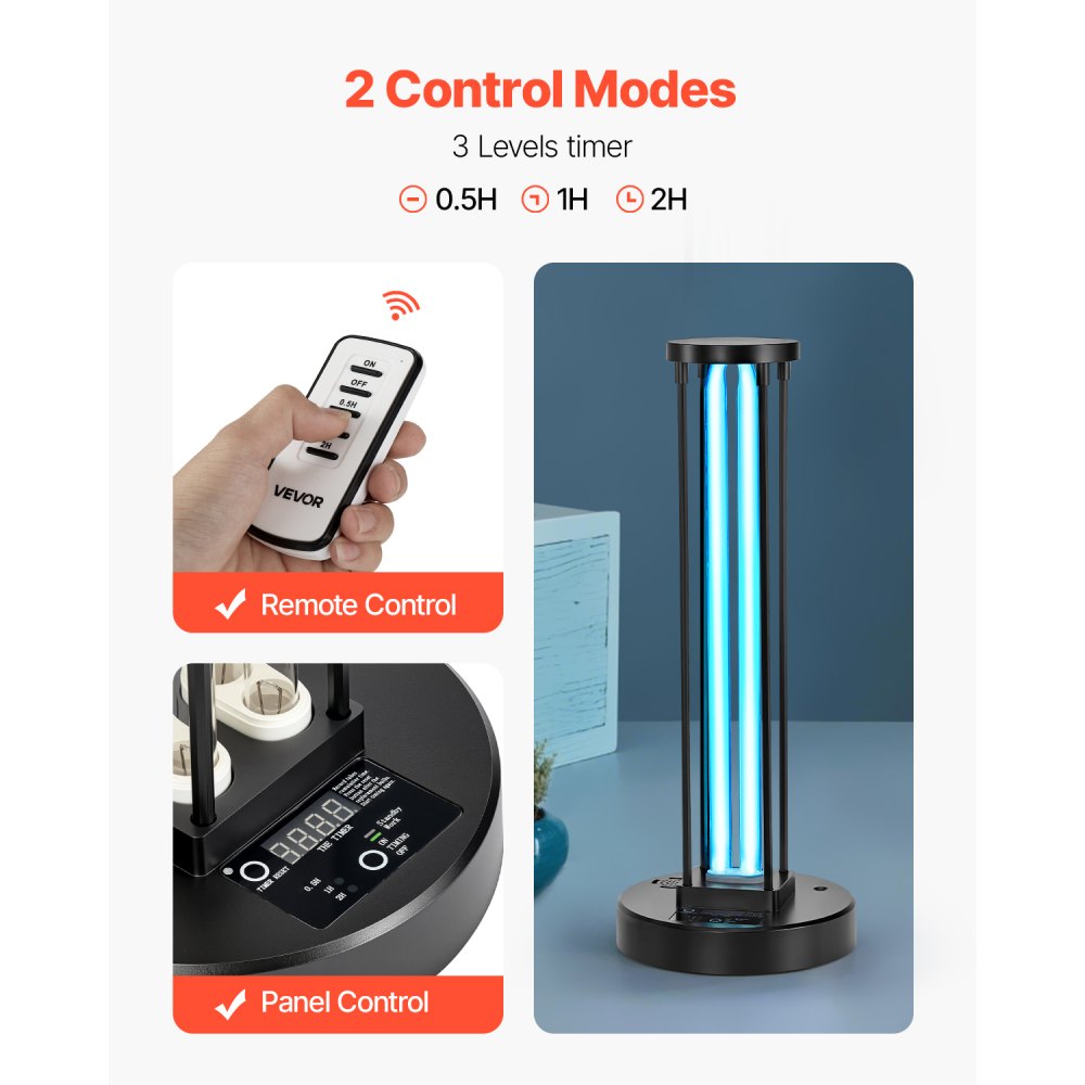 VEVOR UV Light, 36W Ultraviolet Lamp with Ozone Purifier, UVC Lamp with 30/60/120 Minutes 3-Gear Timer and Remote Control, for Room up to 400 sqft, UVO Lights for Living Room, Bedroom, Hotel, School