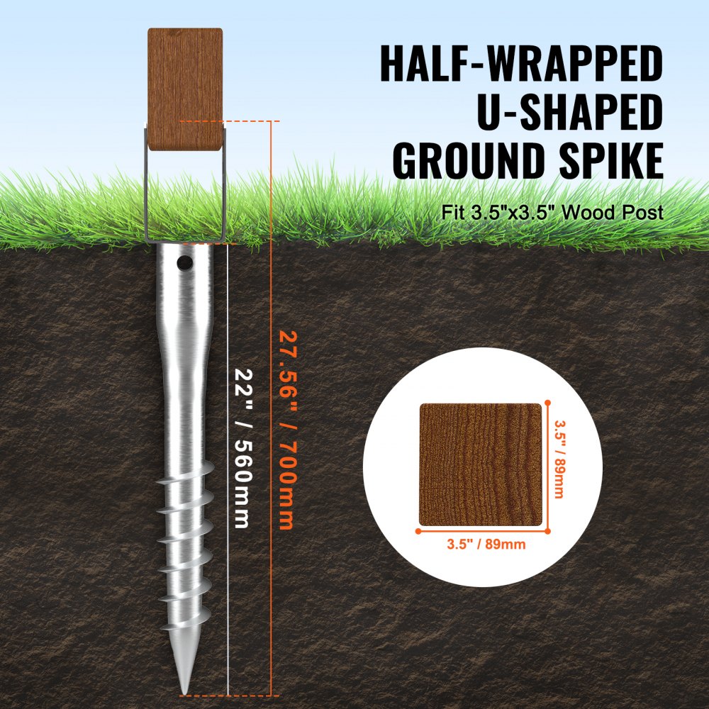 VEVOR No Dig Ground Anchor, 1 Pack 3.94 x 2.76 x 27.56 in DIY Screw in Post Stake, Includes 6 Lag Bolts & a Rebar, U-Shape Heavy Duty Steel Post Holder, Great for Mailbox Posts and Fence Posts