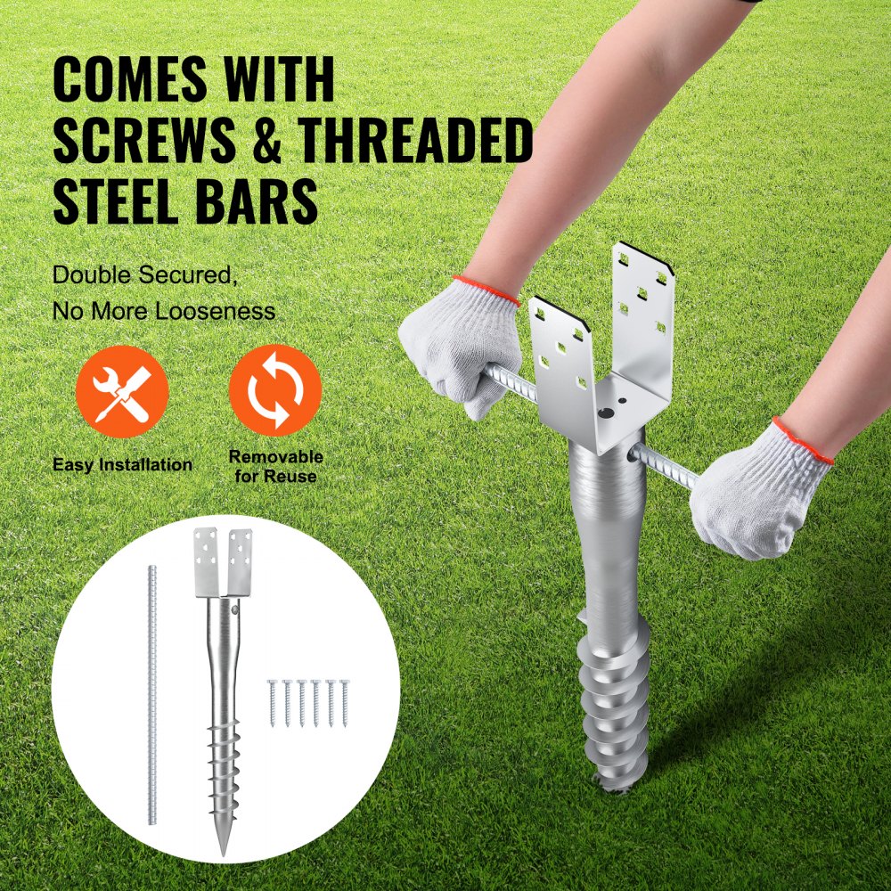 VEVOR No Dig Ground Anchor, 1 Pack 3.94 x 2.76 x 27.56 in DIY Screw in Post Stake, Includes 6 Lag Bolts & a Rebar, U-Shape Heavy Duty Steel Post Holder, Great for Mailbox Posts and Fence Posts
