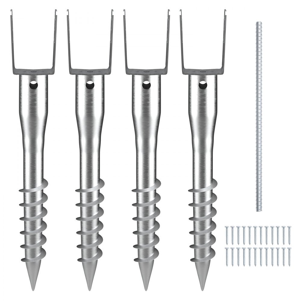 VEVOR No Dig Ground Anchor, 4 Pack 3.94 x 2.76 x 27.56 in DIY Screw in Post Stake, Includes 6 Lag Bolts & a Rebar, U-Shape Heavy Duty Steel Post Holder, Great for Mailbox Posts and Fence Posts