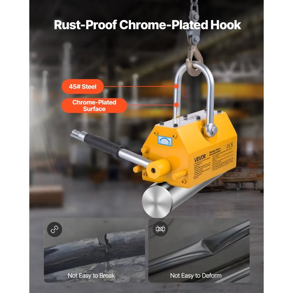 VEVOR Permanent Magnetic Lifter, 2200 lbs Pulling Capacity, Heavy Duty N42 Neodymium Lifting Magnet with Release Handle and Steel Hook, Used in Shop Crane and Hoist, for Lifting Plate Steel, Board
