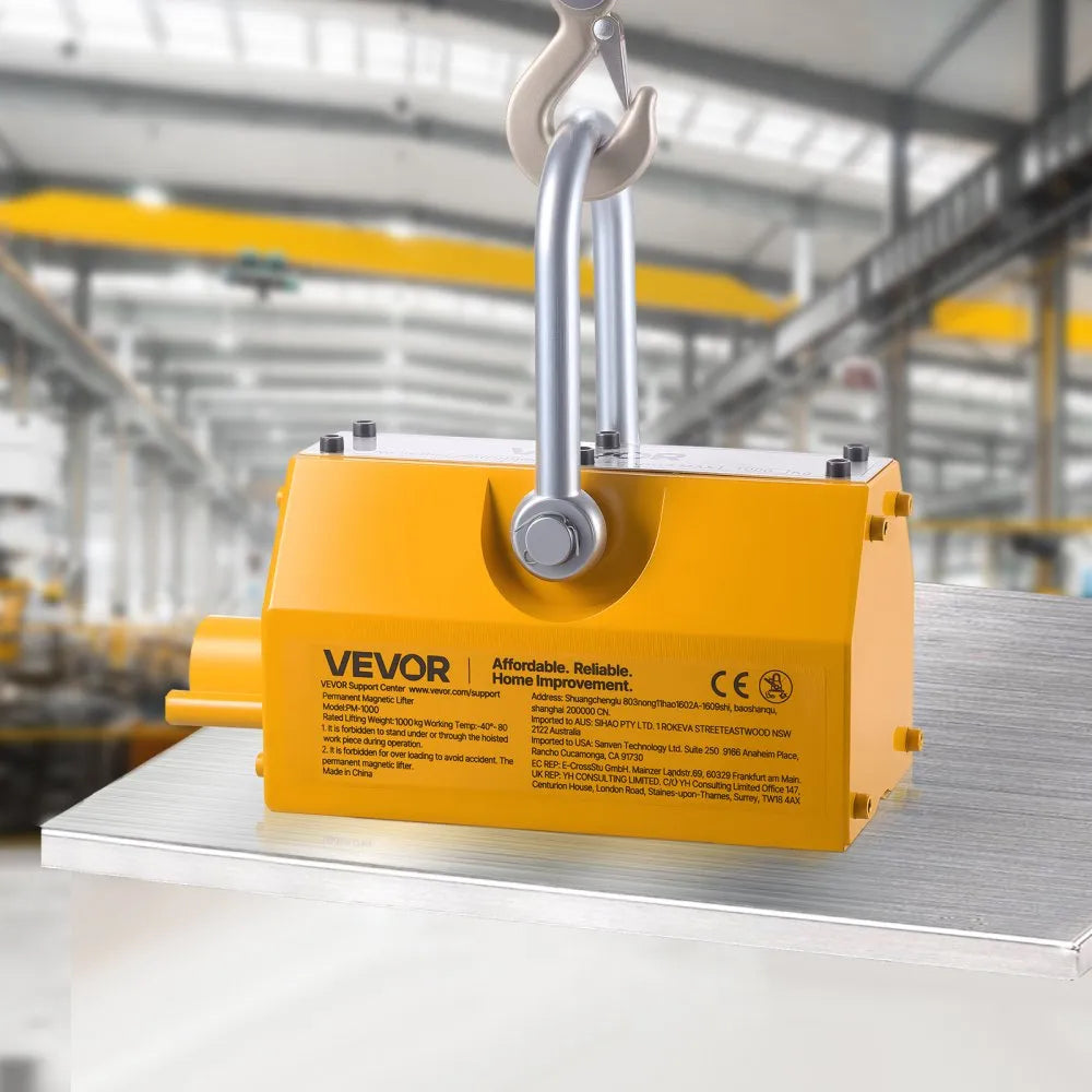 VEVOR Permanent Magnetic Lifter, 2200 lbs Pulling Capacity, Heavy Duty N42 Neodymium Lifting Magnet with Release Handle and Steel Hook, Used in Shop Crane and Hoist, for Lifting Plate Steel, Board