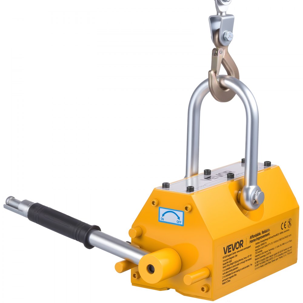 VEVOR Permanent Magnetic Lifter, 2200 lbs Pulling Capacity, Heavy Duty N42 Neodymium Lifting Magnet with Release Handle and Steel Hook, Used in Shop Crane and Hoist, for Lifting Plate Steel, Board