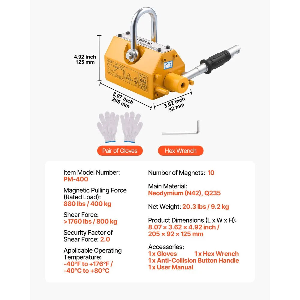 VEVOR Permanent Magnetic Lifter, 880 lbs Pulling Capacity, Heavy Duty N42 Neodymium Lifting Magnet with Release Handle and Steel Hook, Used in Shop Crane and Hoist, for Lifting Plate Steel, Board