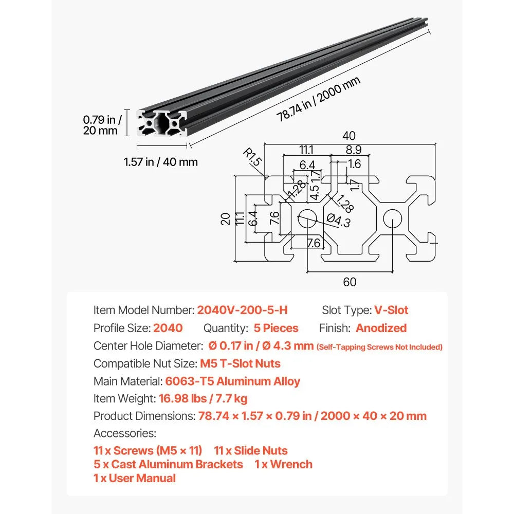 VEVOR 5PCS 2040 Aluminum Extrusion Profile, 78.74 Inch 2000 mm, V Slot European Standard Anodized Linear Rail, High-Strength Extruded Aluminum Rail, for 3D Printer Parts and CNC DIY Workbench, Black
