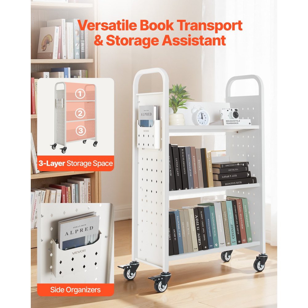 VEVOR Rolling Library Book Cart, 330 lbs Capacity, 30.3 x 15 x 48.0-Inch Library Cart, Single Sided V-Shaped Shelves with 3-Inch Lockable Wheels, Book Truck for Home Shelves Office and School, White
