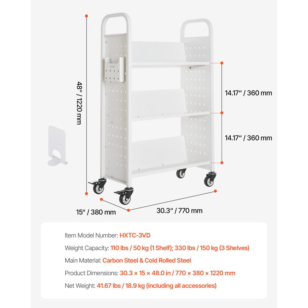 VEVOR Rolling Library Book Cart, 330 lbs Capacity, 30.3 x 15 x 48.0-Inch Library Cart, Single Sided V-Shaped Shelves with 3-Inch Lockable Wheels, Book Truck for Home Shelves Office and School, White