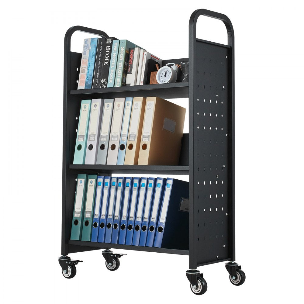 VEVOR Rolling Library Book Cart, 330 lbs Capacity, 30.3 x 15 x 48.0-Inch Library Cart, Single Sided V-Shaped Shelves with 3-Inch Lockable Wheels, Book Truck for Home Shelves Office and School, Black