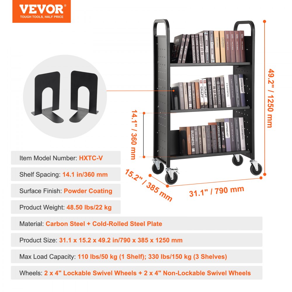 VEVOR Book Cart, 330 lbs Library Cart, 31.1" x 15.2" x 49.2" Rolling Book Cart, Single Sided V-Shaped Sloped Shelves with 4-Inch Lockable Wheels for Home Shelves Office and School, Book Truck in Black