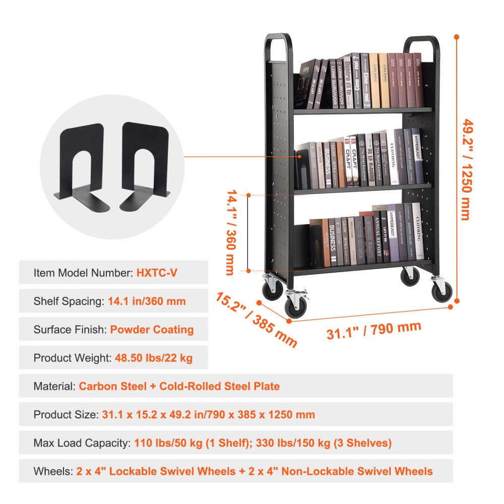 VEVOR Book Cart, 330 lbs Library Cart, 31.1" x 15.2" x 49.2" Rolling Book Cart, Single Sided V-Shaped Sloped Shelves with 4-Inch Lockable Wheels for Home Shelves Office and School, Book Truck in Black