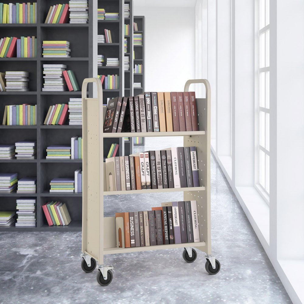 VEVOR Book Cart, 330 lbs Library Cart, 31.1" x 15.2" x 49.2" Rolling Book Cart, Single Sided V-Shaped Sloped Shelves with 4-Inch Lockable Wheels for Home Shelves Office and School, Book Truck in Cream