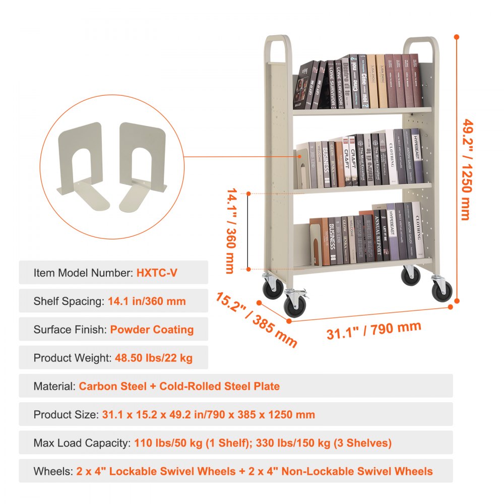 VEVOR Book Cart, 330 lbs Library Cart, 31.1" x 15.2" x 49.2" Rolling Book Cart, Single Sided V-Shaped Sloped Shelves with 4-Inch Lockable Wheels for Home Shelves Office and School, Book Truck in Cream