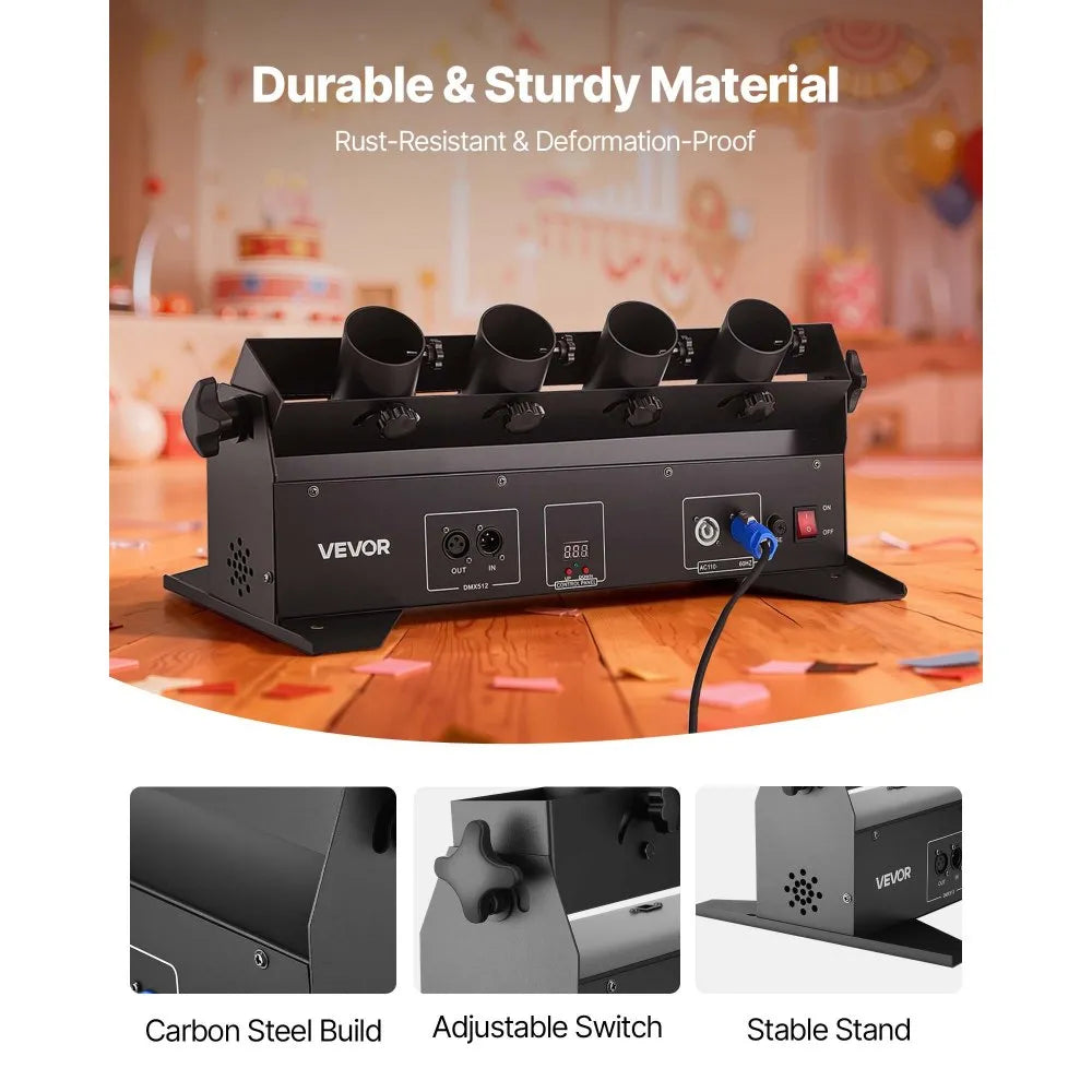 VEVOR Electric Confetti Cannon Machine, High Output 4-Shot Confetti Launcher, DMX512, Manual & Remote Control, Portable Confe-tti Shooter for Wedding Christmas DJ Party Event Show Stage Nightclub