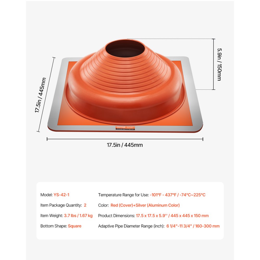 VEVOR 2 PCs Roof Pipe Flashing Boots, Fit Pipe OD 6-1/4" - 11-3/4", Flexible Silicone Roofing Jack Pipe Flashing, High Temp -101℉ - 437℉, Square Metal Base, for Chimney, Wood Stove & Outdoor Vent Pipe