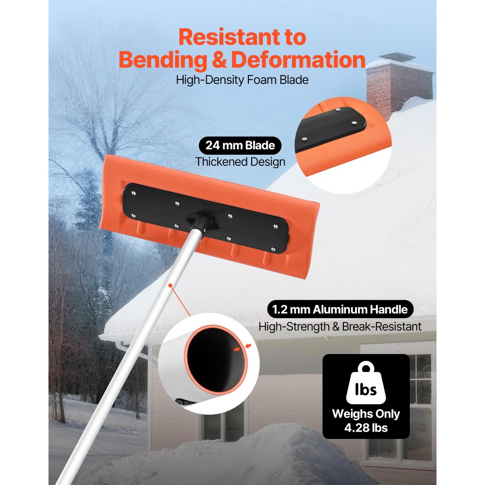 VEVOR Snow Roof Rake, 17.7 in Foam Blade, 7.3-18.4 ft Adjustable Roof Snow Scraper, Extension Tubes & Non-Slip Handle, Lightweight Snows Removal Tool for House Leaves Debris Clearing