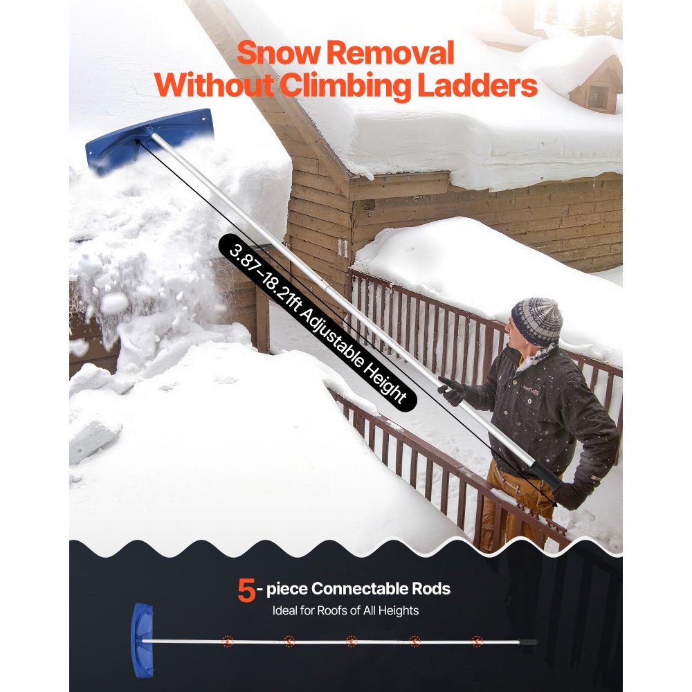 VEVOR Snow Roof Rake, 24 in PP Plastic Blade, 3.8-18.2 ft Adjustable Roof Snow Scraper with Wheels, Anti-Slip Handle Snows Removal Tool, Lightweight House Rooftop Rake for Leaves Debris Removal
