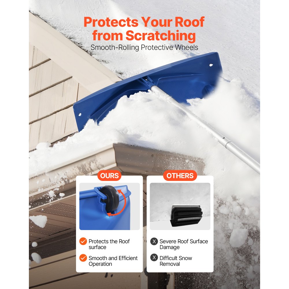 VEVOR Snow Roof Rake, 24 in PP Plastic Blade, 3.8-18.2 ft Adjustable Roof Snow Scraper with Wheels, Anti-Slip Handle Snows Removal Tool, Lightweight House Rooftop Rake for Leaves Debris Removal