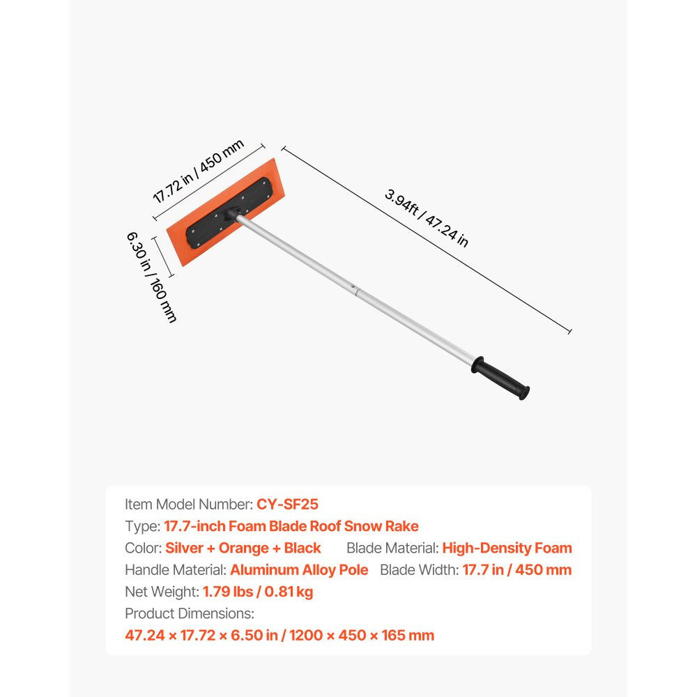 VEVOR Snow Roof Rake, 4ft Long Reach Car Roof Snow Scraper, 17.7 in Foam Blade for No Scratches, Non-Slip Handle, Lightweight Snows Removal Tool for Vehicle Garage Rooftop Leaves Debris Clearing