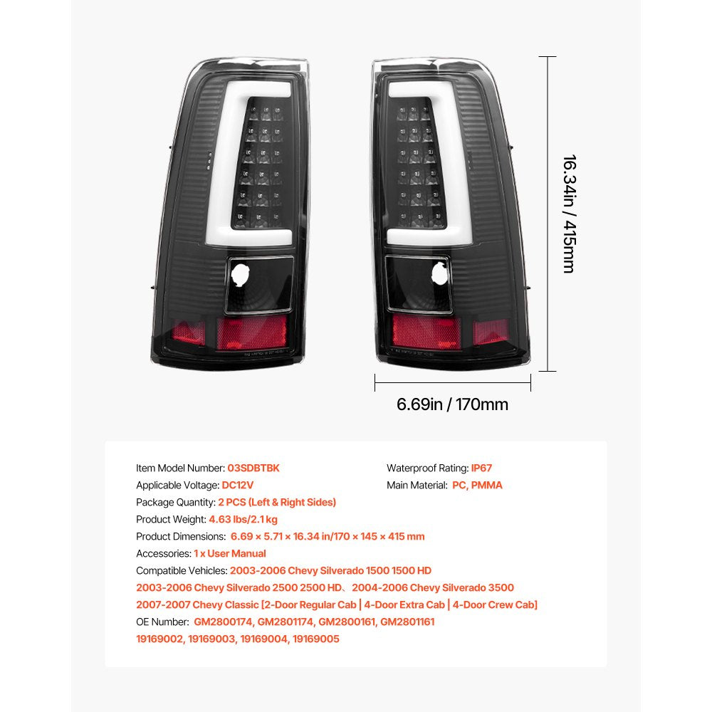 VEVOR Tail Light Assembly Compatible with 2003-2006 Chevy Silverado 1500 1500 HD 2500 2500 HD 3500, 2007-2007 Chevy Classic, 2PCS Driver & Passenger Side LED Taillight Brake Lamps with Bulbs, Black
