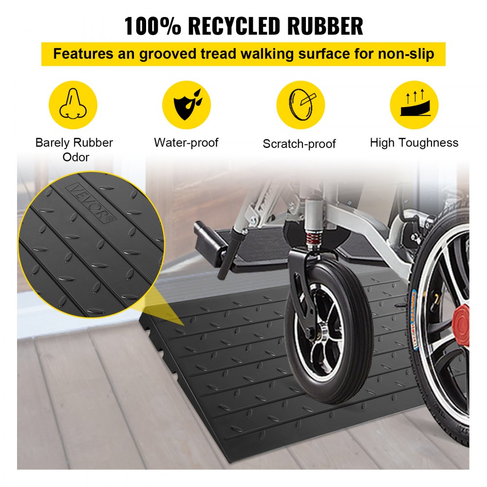 VEVOR Rubber Threshold Ramp, 2.6\" Rise Threshold Ramp Doorway, 3 Channels Cord Cover Rubber Solid Threshold Ramp, Rubber Angled Entry Rated 2202 Lbs Load Capacity for Wheelchair and Scooter