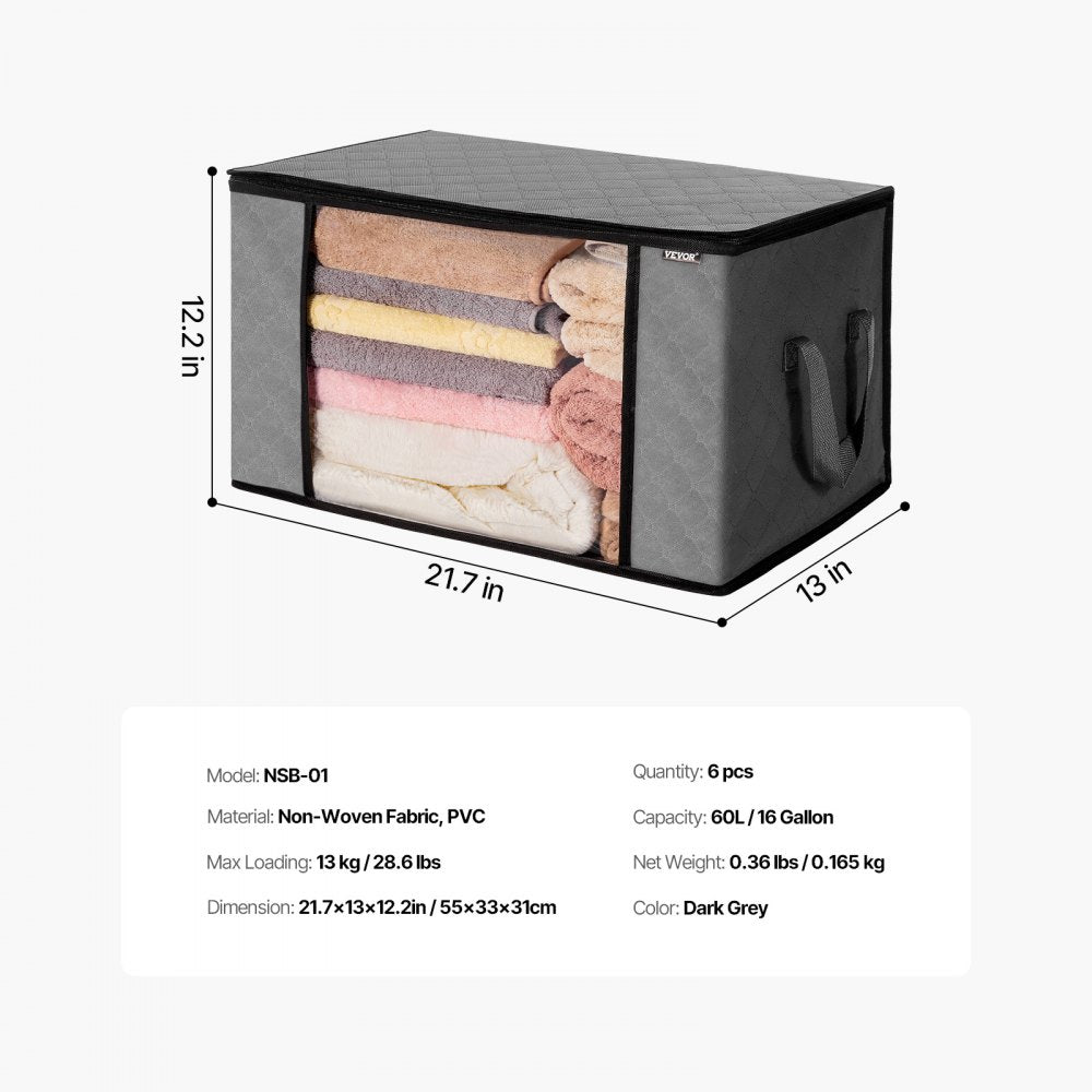 VEVOR 60L Large Storage Bags, 6 Pack Clothes Storage Bin, Foldable Closet Organizers Containers with Handle, Nov-woven Fabric Storage Bag for Clothing, Blanket, Comforter, Bed Sheet, Pillow(Grey)