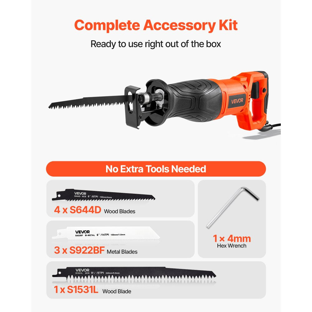 VEVOR Corded Reciprocating Saw, 120 Volt 7.5 Amp, 2800 SPM Variable Speed, 1-1/8 inch Stroke Length, Electric Reciprocating Saw with 8 Blades and Carrying Bag, for Wood, Metal, and Plastic Cutting