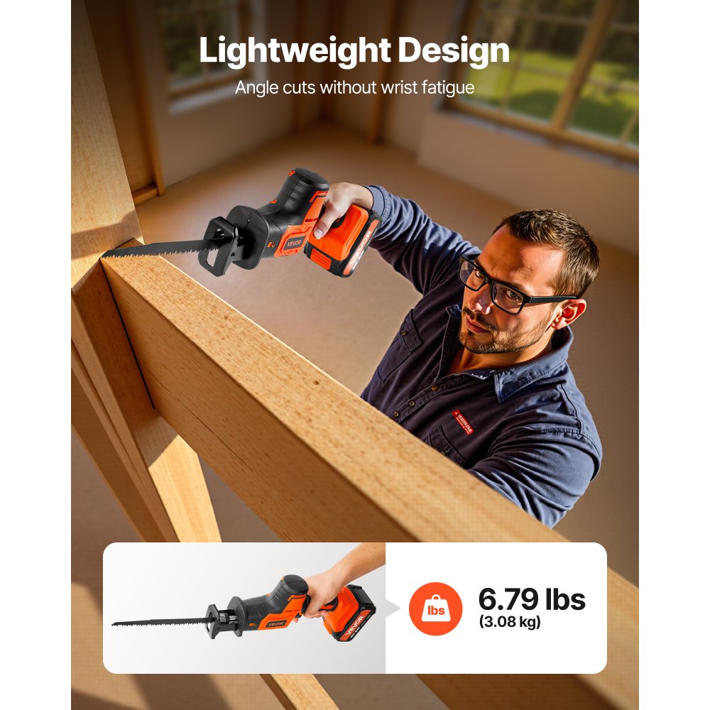 VEVOR Cordless Reciprocating Saw, 20 V, 3000 SPM Variable Speed, 1 inch Stroke Length, Electric Reciprocating Saw with Battery, Charger, 8 Blades, and Carrying Bag, for Wood, Metal and Plastic Cutting