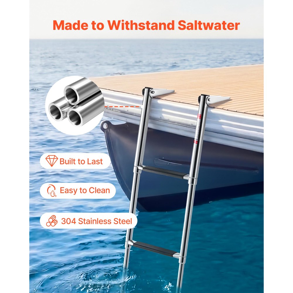 VEVOR Boat Ladder, 3 Steps, Stainless Steel Telescoping Folding Swim Deck Ladder for Rear Entry Inboard, Heavy Duty 600 lbs Capacity with Wide Anti-Slip Steps, for Outboards, Yacht, Pontoon Boats