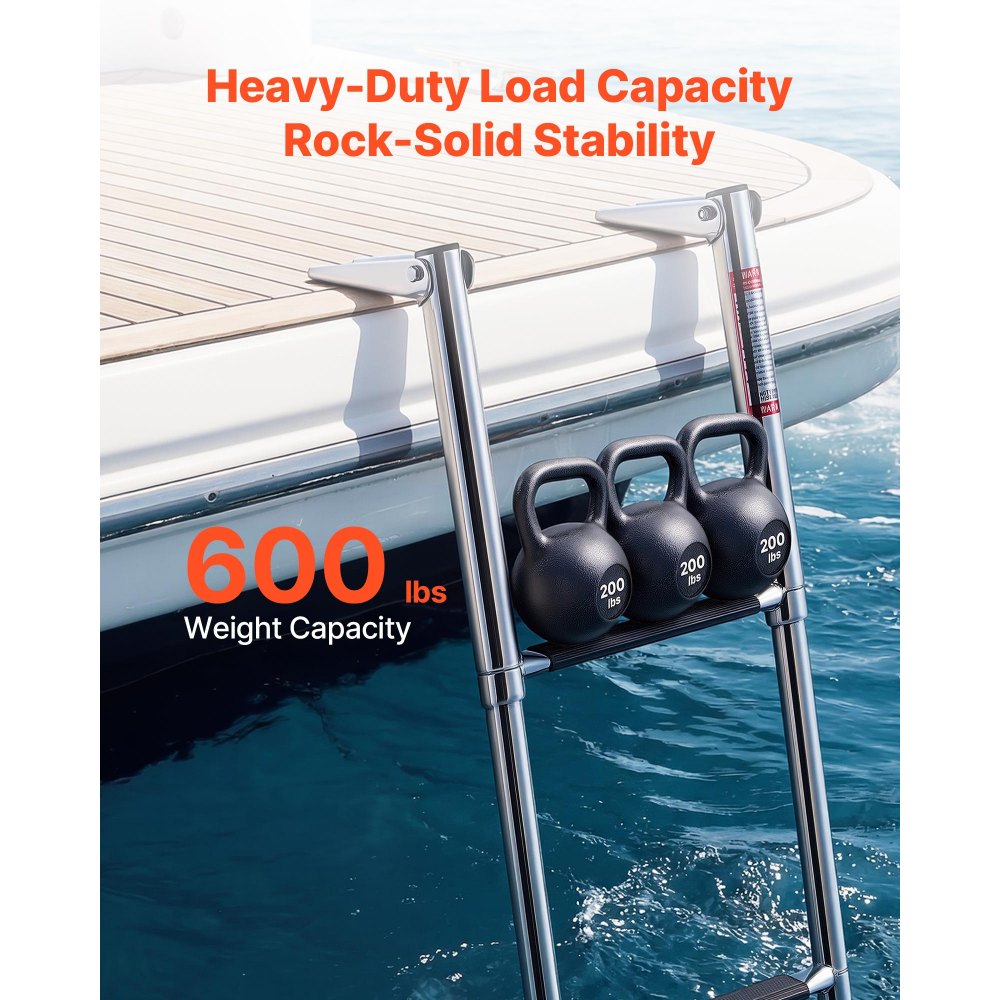 VEVOR Boat Ladder, 3 Steps, Stainless Steel Telescoping Folding Swim Deck Ladder for Rear Entry Inboard, Heavy Duty 600 lbs Capacity with Wide Anti-Slip Steps, for Outboards, Yacht, Pontoon Boats