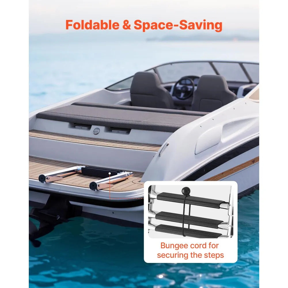 VEVOR Boat Ladder, 3 Steps, Stainless Steel Telescoping Folding Swim Deck Ladder for Rear Entry Inboard, Heavy Duty 600 lbs Capacity with Wide Anti-Slip Steps, for Outboards, Yacht, Pontoon Boats