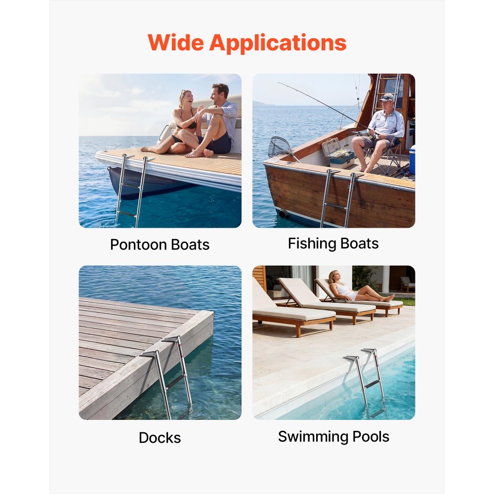 VEVOR Boat Ladder, 4 Steps, Stainless Steel Telescoping Folding Swim Deck Ladder for Rear Entry Inboard, Heavy Duty 900 lbs Capacity with Wide Anti-Slip Steps, for Outboards, Yacht, Pontoon Boats