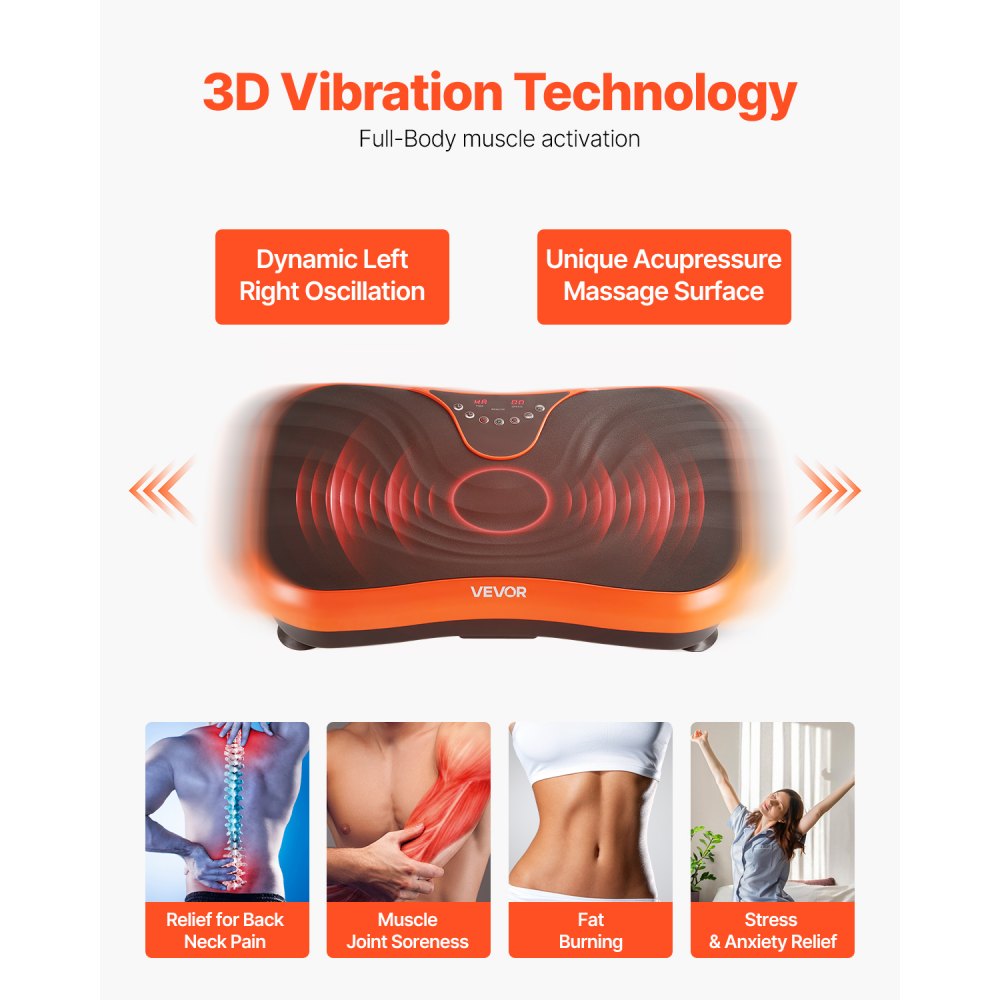 VEVOR Vibration Plate Exercise Machine, Whole Body Vibrating Platform for Lymphatic Drainage and Weight Loss, Home Workout Fitness Equipment with 2 Resistance Bands, Body Shaker for Women Men, Orange
