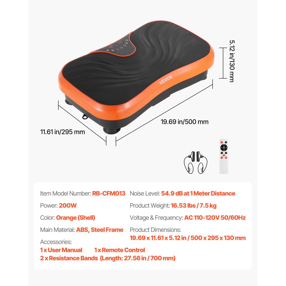 VEVOR Vibration Plate Exercise Machine, Whole Body Vibrating Platform for Lymphatic Drainage and Weight Loss, Home Workout Fitness Equipment with 2 Resistance Bands, Body Shaker for Women Men, Orange