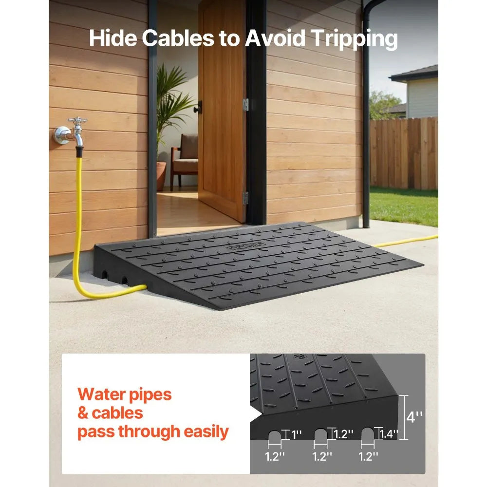 VEVOR Rubber Threshold Ramp, 4\" Rise Threshold Ramp Doorway, 3 Channels Cord Cover Rubber Solid Threshold Ramp, Rubber Angled Entry Rated 2200 Lbs Load Capacity for Wheelchair and Scooter