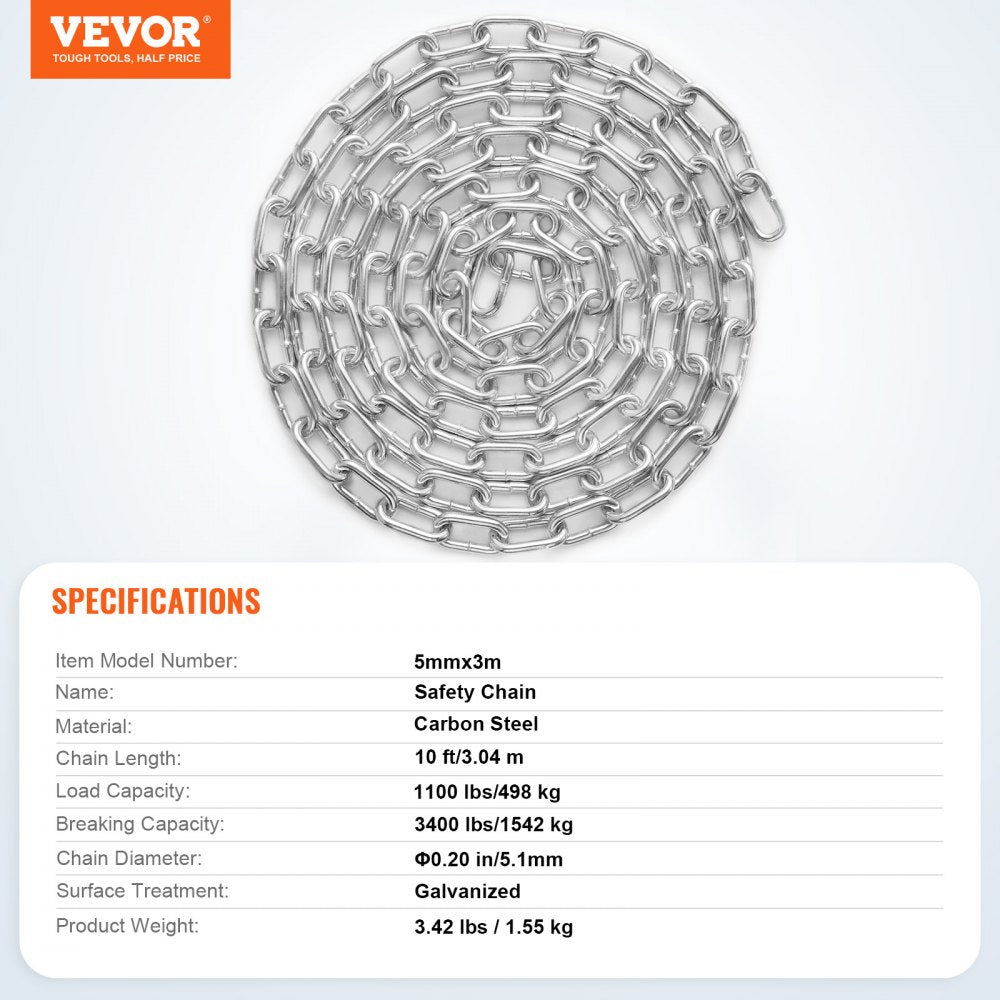 VEVOR Proof Coil Chain, 3/16" x 10', 1100 lbs Safe Working Load, Zinc Plated Proof Tested Coil Chain with Two Quick Links, Galvanized Carbon Steel Link Chain for Towing, Hanging, Camping, Pet Towing