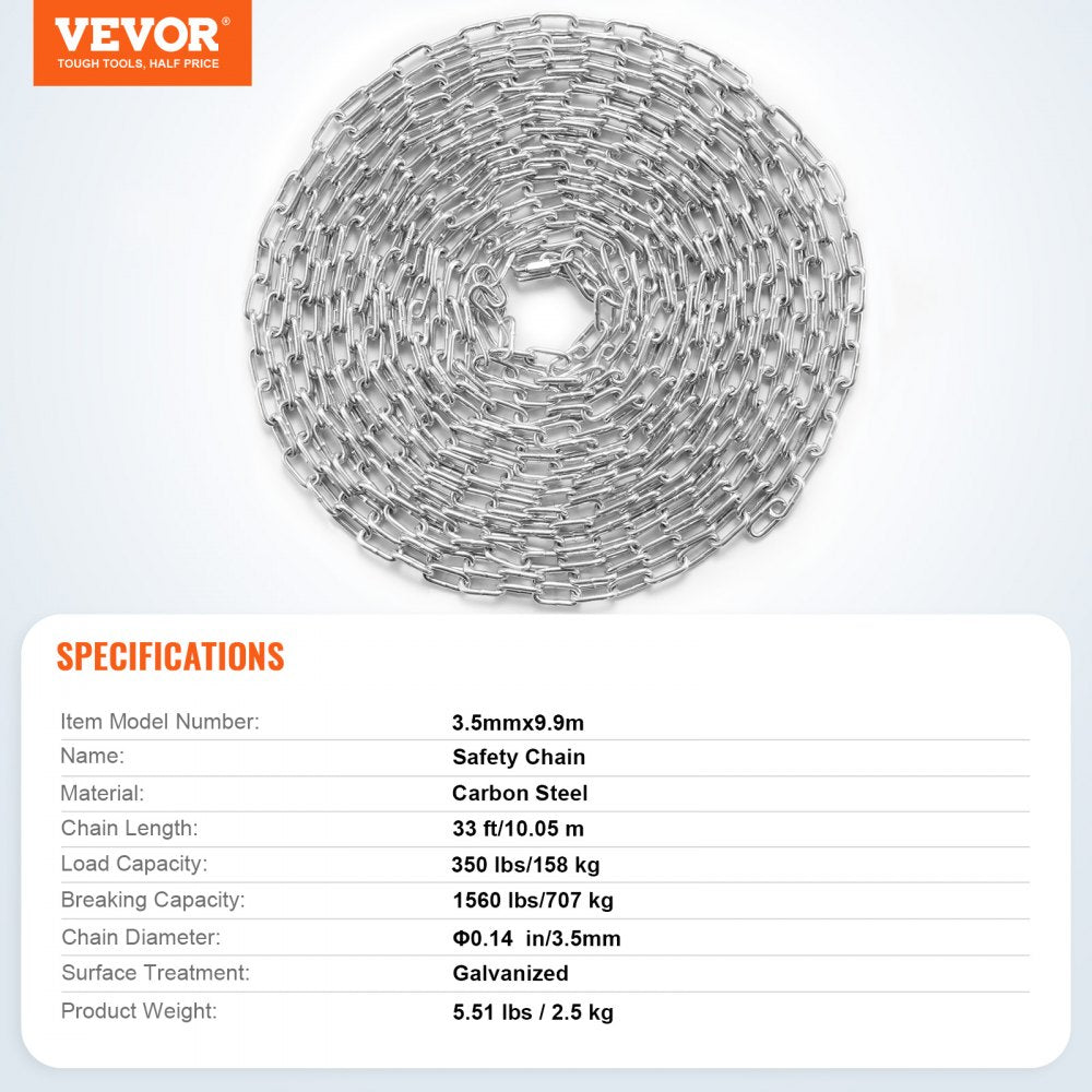 VEVOR Proof Coil Chain, 1/8" x 33', 350 lbs Safe Working Load, Zinc Plated Proof Tested Coil Chain with Two Quick Links, Galvanized Carbon Steel Link Chain for Towing, Hanging, Camping, Pet Towing