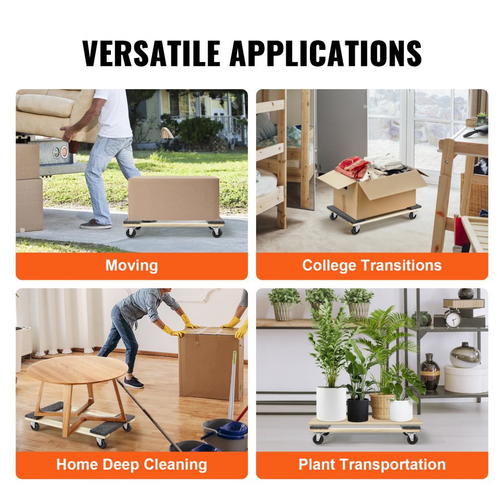 VEVOR Furniture Dolly, 1000 lbs Load Capacity, 18" x 30", 4 x 3" PP Swivel Casters, Heavy Duty Hardwood Furniture Moving Dolly, Mover's Dolly, Moving Cart with Wheels for Heavy Furniture Home Cleaning
