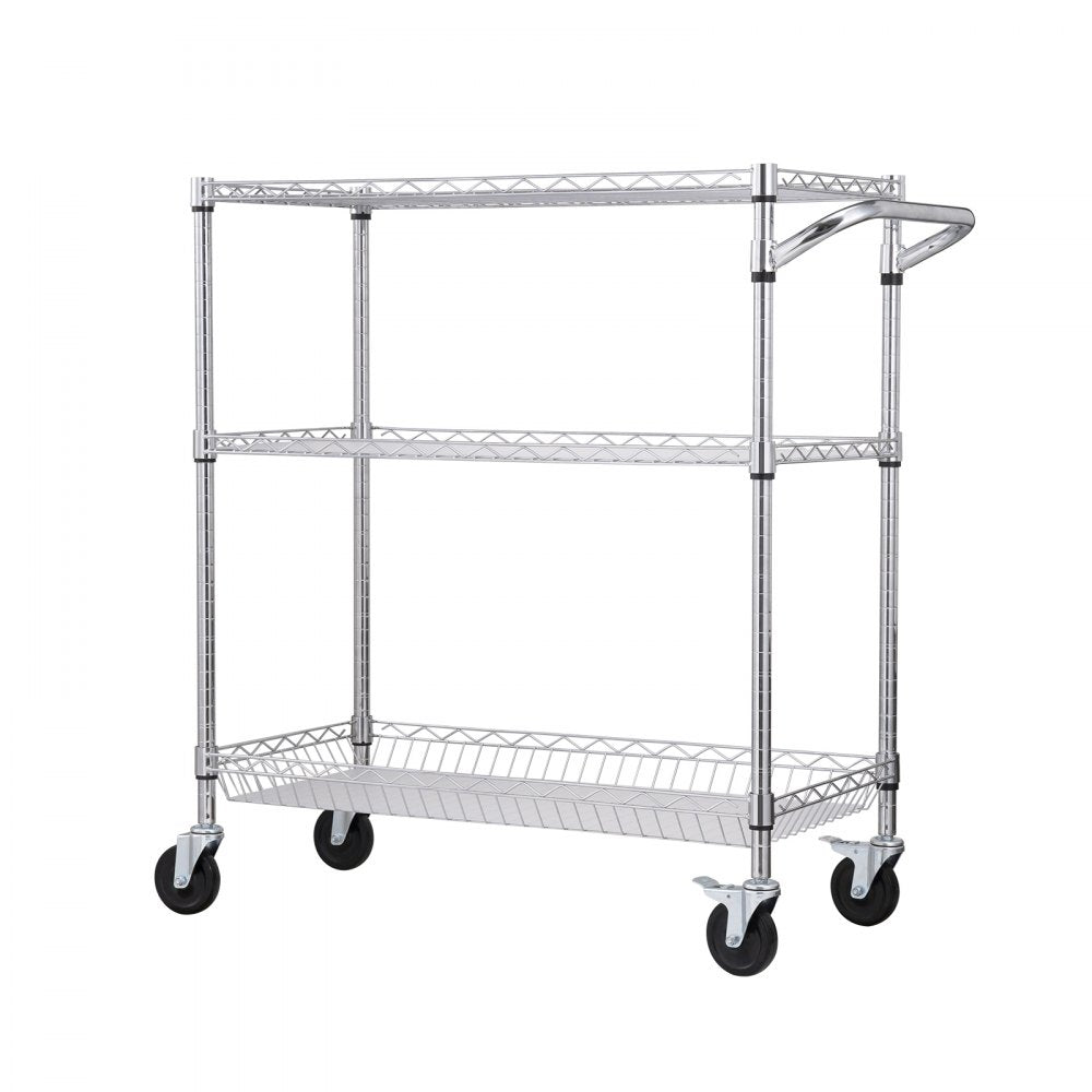 VEVOR Kitchen Utility Cart, 3 Tiers, Wire Rolling Cart with 661LBS Capacity, Steel Service Cart on Wheels, Metal Storage Trolley with 80mm Basket Curved Handle PP Liner 6 Hooks, for Indoor and Outdoor