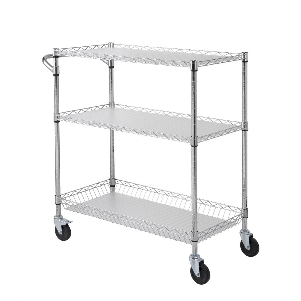 VEVOR Kitchen Utility Cart, 3 Tiers, Wire Rolling Cart with 661LBS Capacity, Steel Service Cart on Wheels, Metal Storage Trolley with 80mm Basket Curved Handle PP Liner 6 Hooks, for Indoor and Outdoor