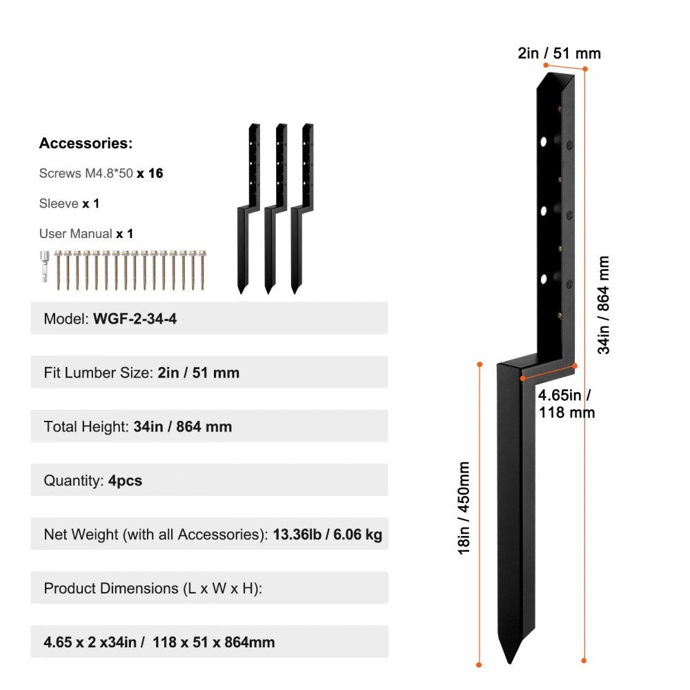 VEVOR Fence Post Anchor Repair Kit, 4 Pack Inner Diameter 2 x2 Inches Heavy Duty Steel Fence Post Support Stakes, Anchor Ground Spike for Repair Tilted, Broken Wood Fence Post
