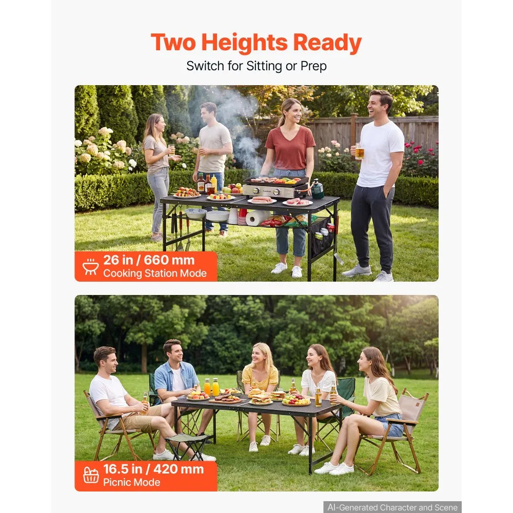 VEVOR Folding Grill Table 48x24 in Camping Tables 120lbs Capacity Aluminum, Compact for Picnic BBQ Tailgating, Adjustable Height, Outdoor Side Stand with Side Pocket, Portable Handle, Black Metal Mesh